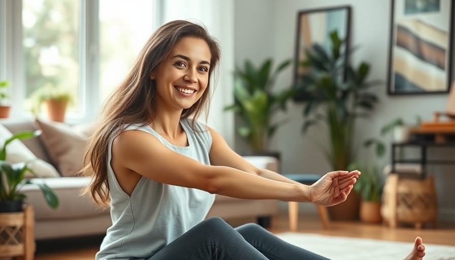 Woman demonstrating feel better stretches in a bright living room.