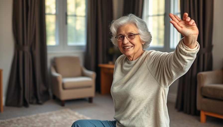 Elderly woman stretching happily for morning health routine.