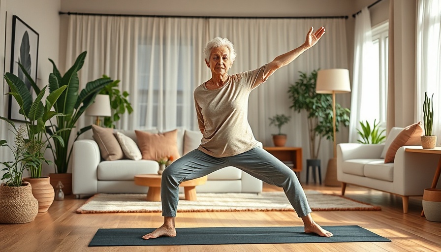Senior woman practicing warrior pose, demonstrating strength and balance.