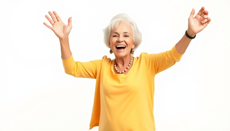 Energetic woman showcasing dance cardio for seniors, vibrant background.