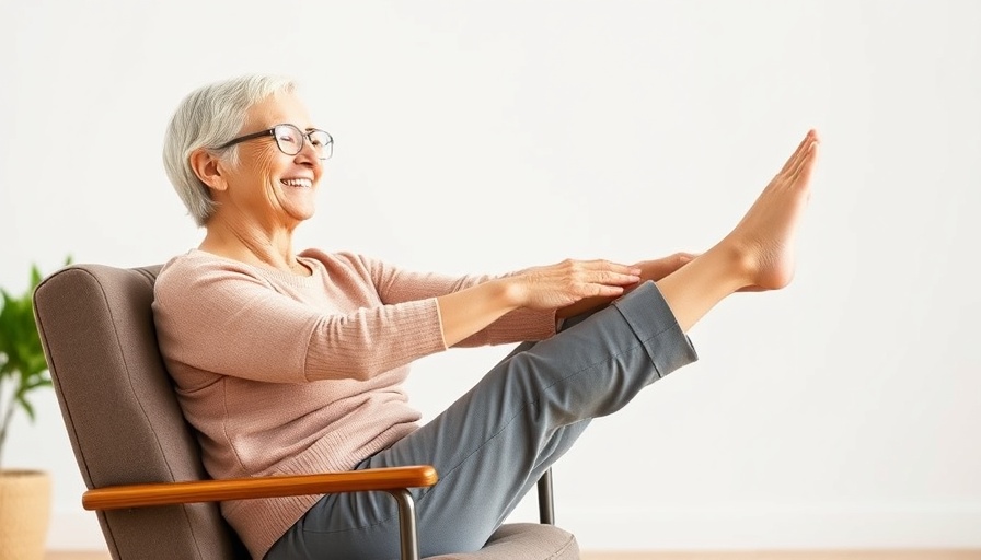 Senior woman practicing chair yoga, joyful expression