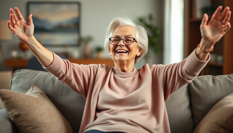 Elderly woman doing exercises during a TV commercial break in a cozy living room.