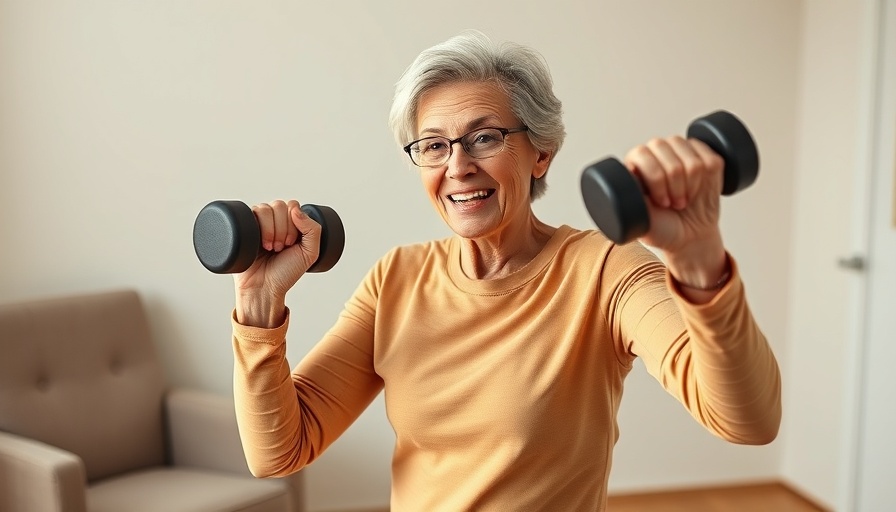 Energetic senior woman exercising, promoting 'Stay Strong at Any Age'