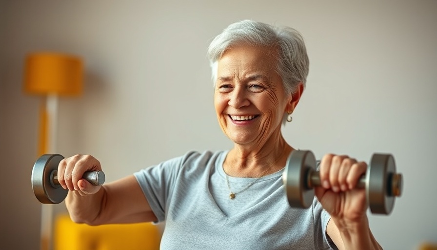 Senior woman lifting weights, slow release weight lifting exercise.