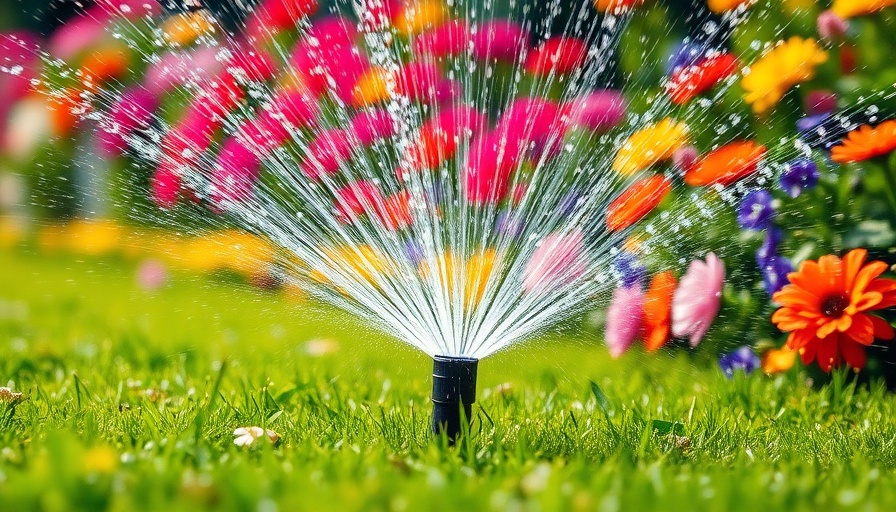 Smart garden irrigation system watering green lawn with flowers.