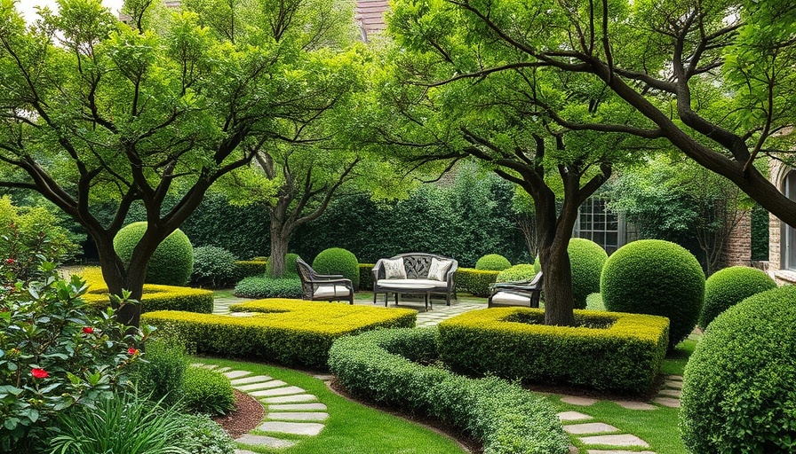 Serene garden with pruned shrubs and ambient lighting.