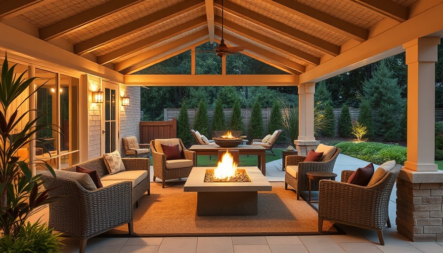 Stylish outdoor living space under a covered patio, featuring wicker furniture.