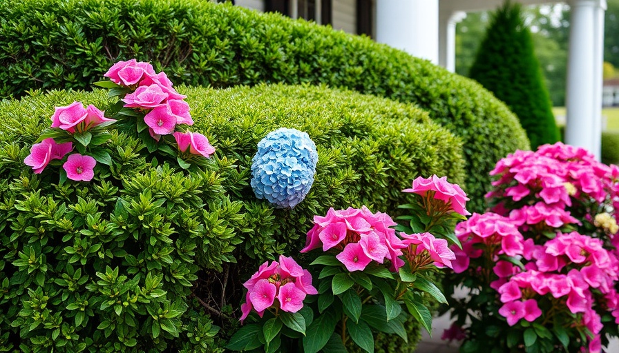 Boxwood hedge with flowers in front yard