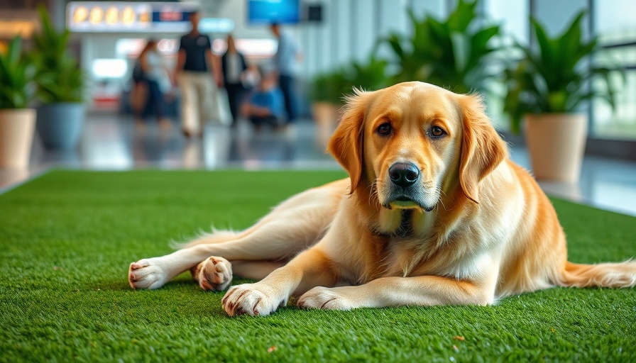 Golden retriever on synthetic turf at an airport.