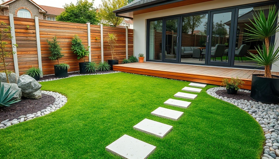 Modern backyard with artificial turf drainage system highlighted