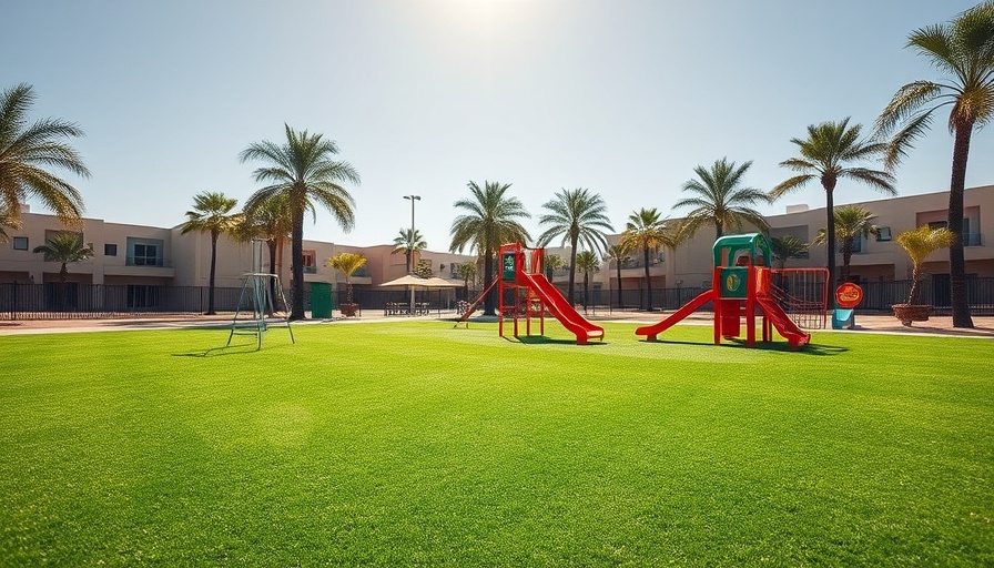 Well-maintained turf with play equipment and palm trees.