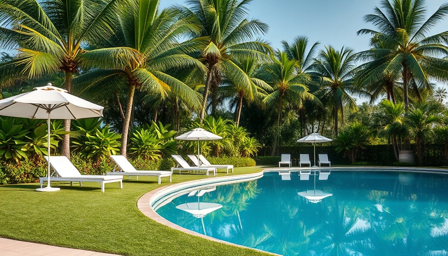 Luxurious backyard turf setting with lounge chairs and pool for summer ideas.