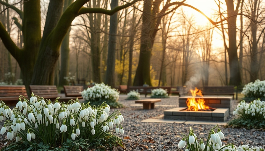 Snowdrops blooming in winter garden with trees and fire pit.