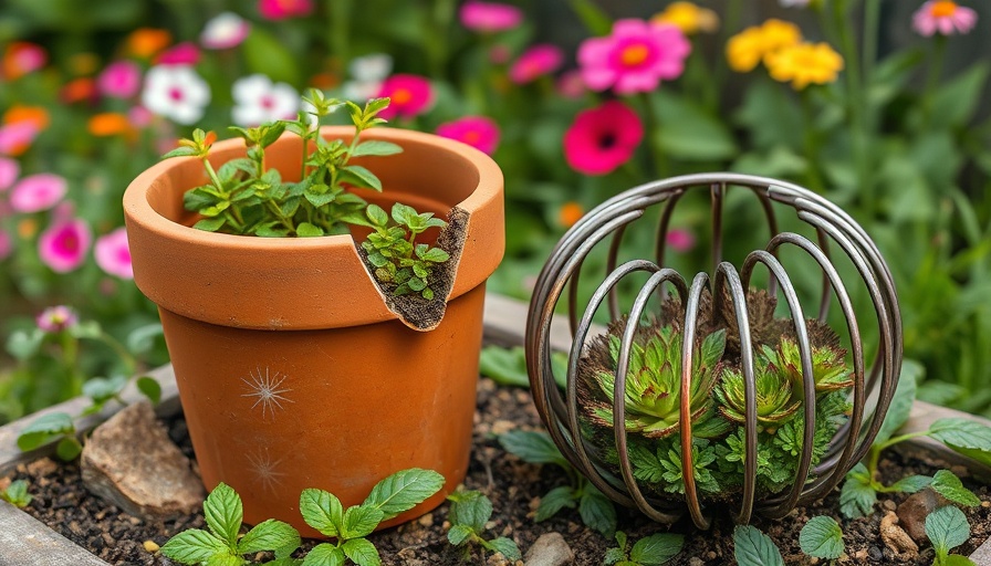 Creative recycled garden ideas with terracotta pot and metal spring planters.