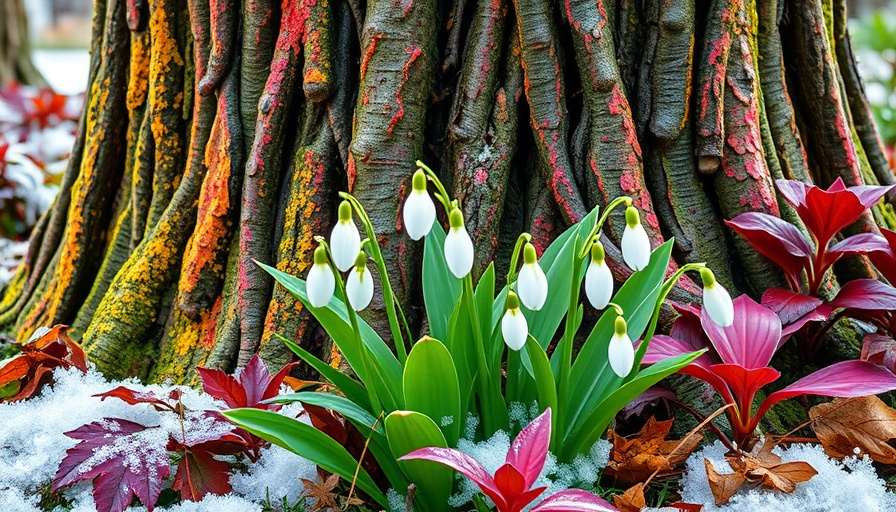 Vibrant winter garden with colorful plants and snowdrops.