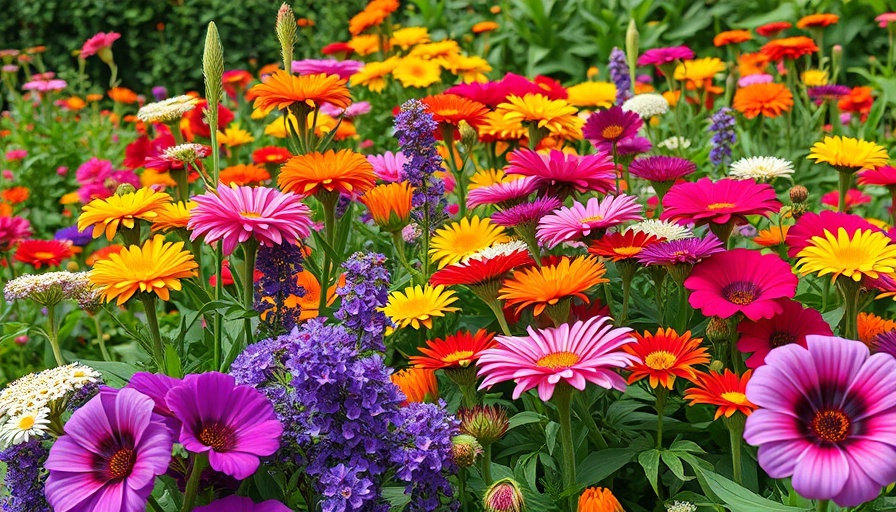 Lush naturalistic planting with colorful flowers in bloom.