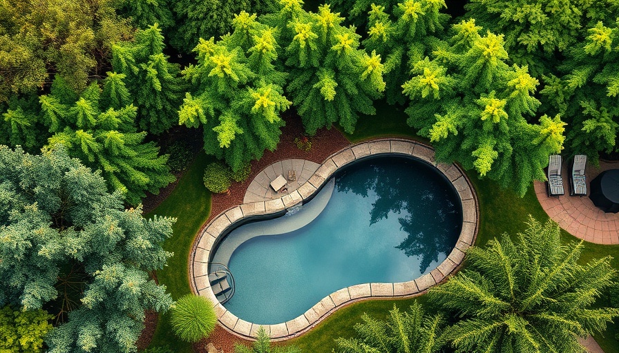 Aerial view of low maintenance yard with pool and green area.
