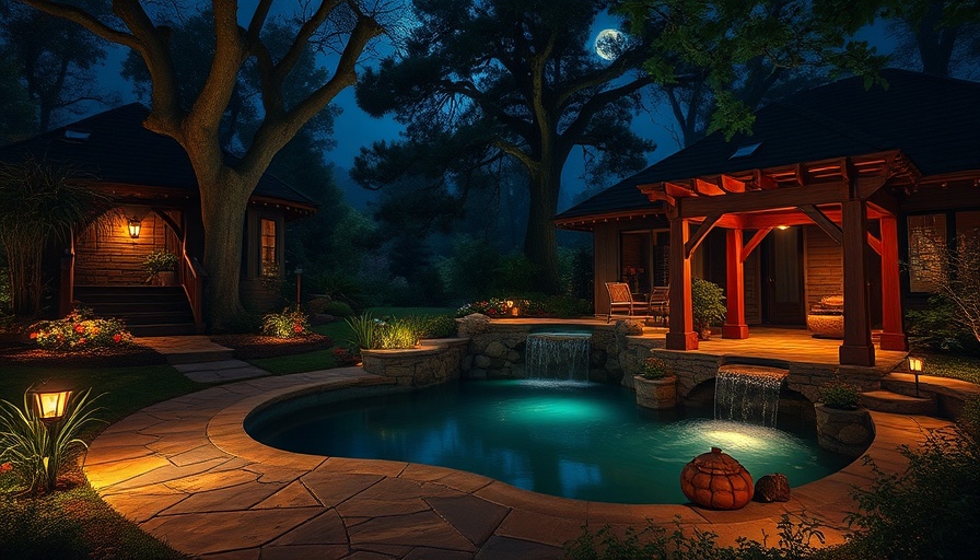 Nighttime backyard landscape with illuminated pond and pergola, 2025 trends.