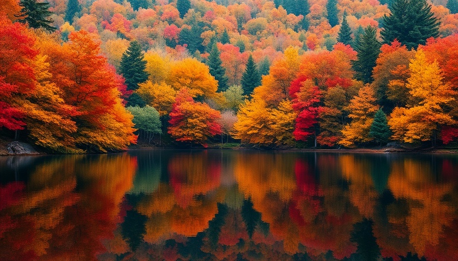 Vibrant fall foliage trees reflecting on lake in Michigan.