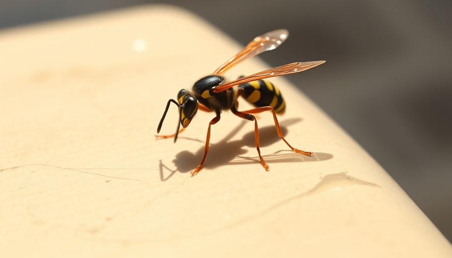 Paper wasp on sunlit surface with shadow reflection