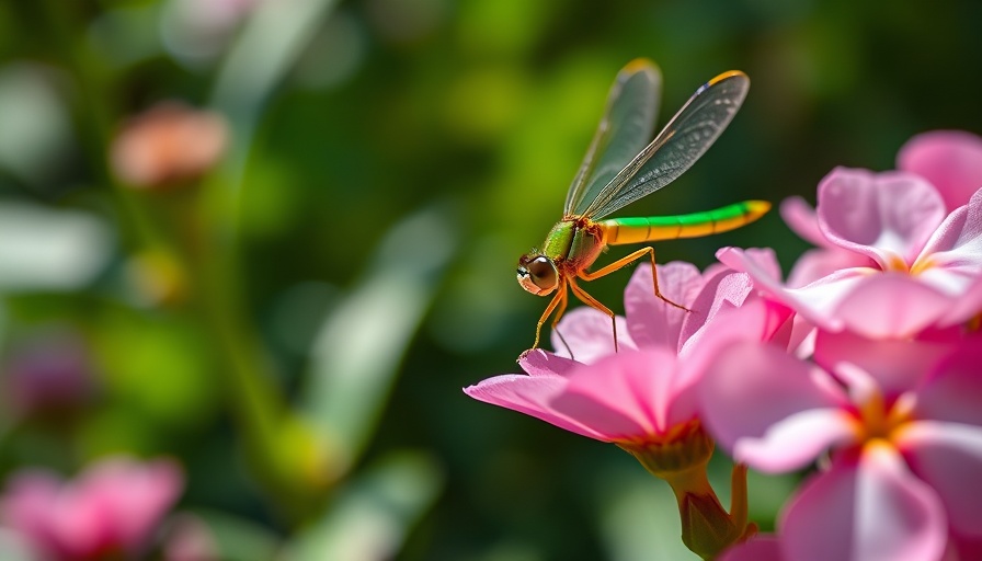 Damselfly perched on a blooming flower in a garden.