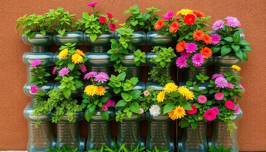 Vertical gardening setup with recycled bottles and thriving plants