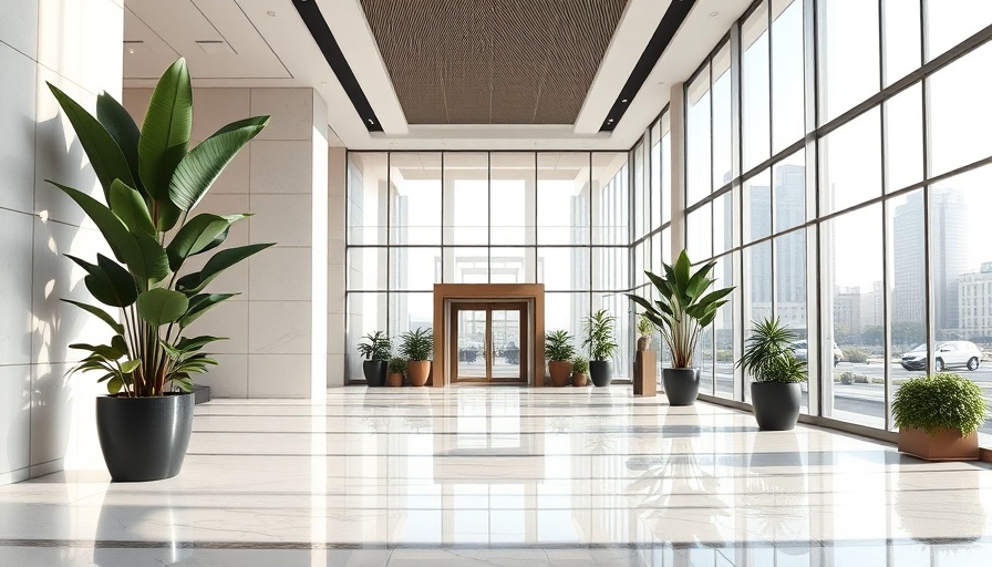 Modern lobby with marble floors and large potted plants.
