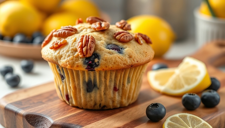Grain-free lemon blueberry muffin with pecans on wooden board