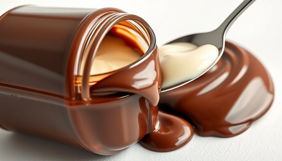 Homemade Magic Shell in a jar with spoon scraping chocolate shell.
