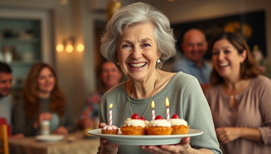 Smiling woman celebrating Nana's 70th Birthday with dessert plate.
