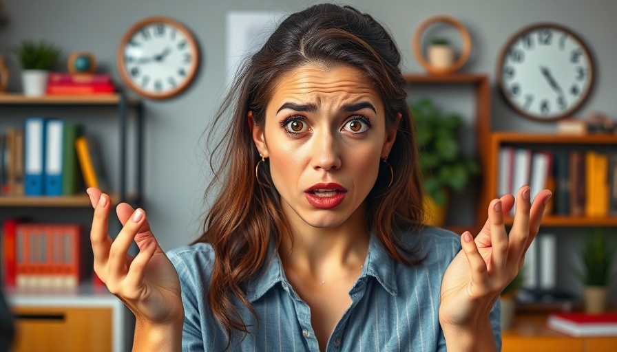 Confused young woman expressing feelings of failure in a colorful office.
