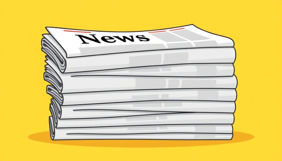Cartoon of newspapers on a yellow background, bold headlines.