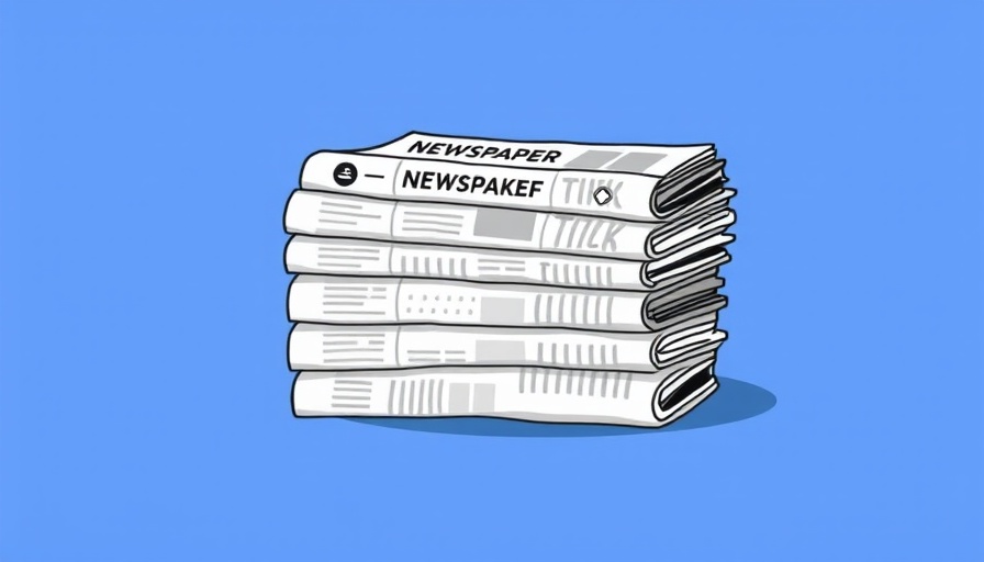 Illustrated newspapers stacked on light blue background