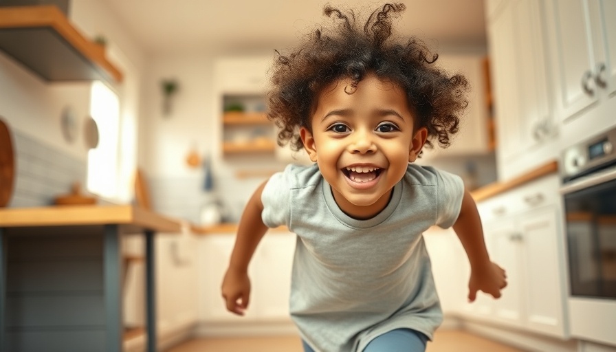 Energetic preschooler running and smiling in a bright kitchen.