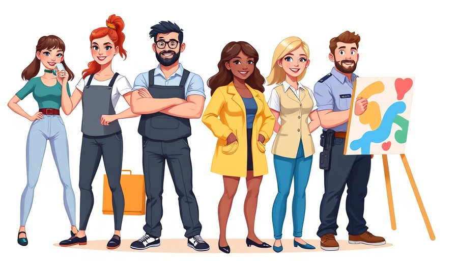 Colorful cartoon of diverse professionals in ADHD-friendly jobs.