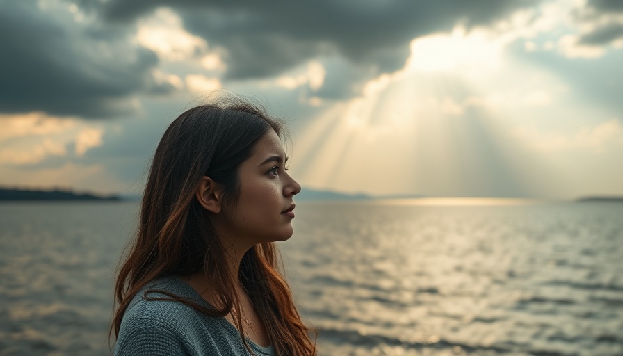 Contemplative young woman by lake under clouded sky; serene scene.