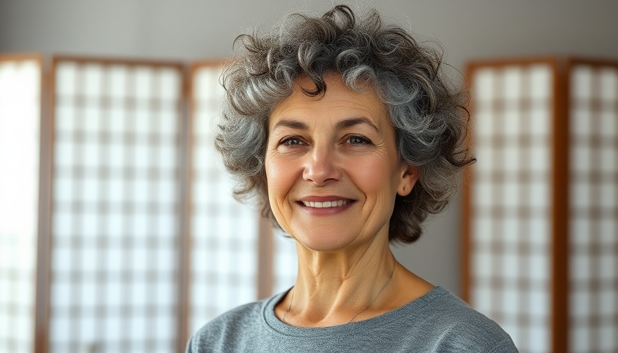 Calm mature woman smiling, relatable figure for ADHD and note-taking in meetings.