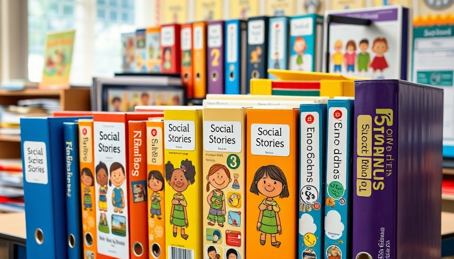 Colorful binders displaying social stories for classroom education.