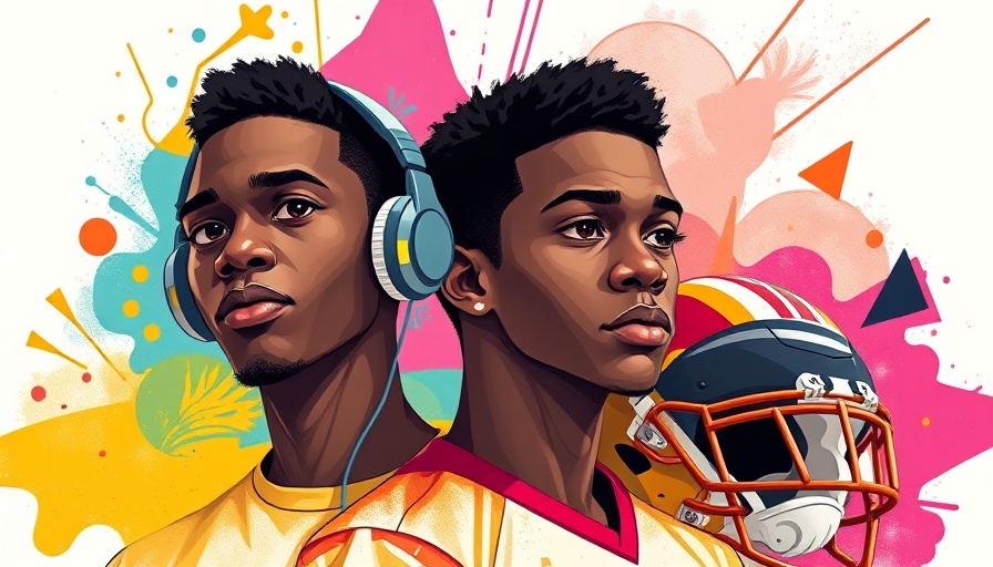 Illustration of young Black males with headphones and helmet, vibrant background