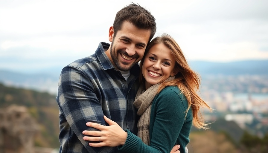 Affectionate couple smiling outdoors under an overcast sky.