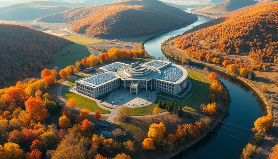 Aerial view of rural healthcare facility with solar energy integration.