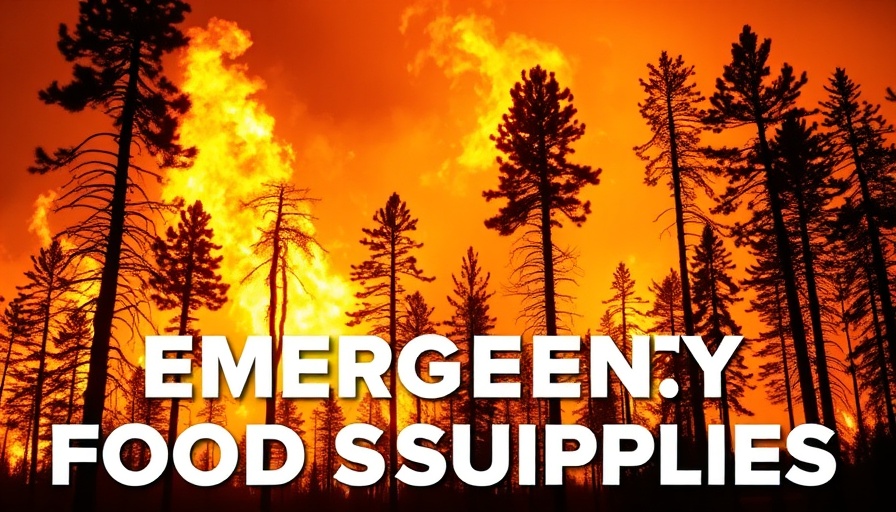 Emergency food supplies highlighted over wildfire background.