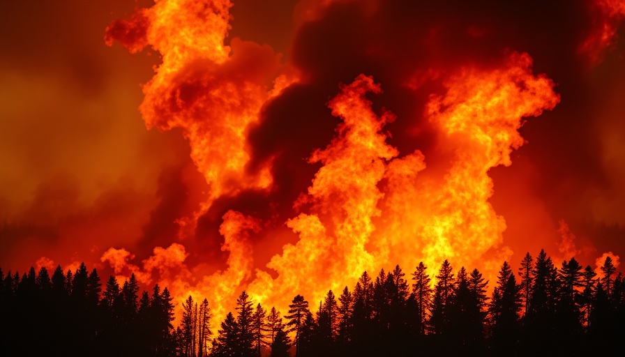 Emergency Food Supply essentials listed against a wildfire backdrop.
