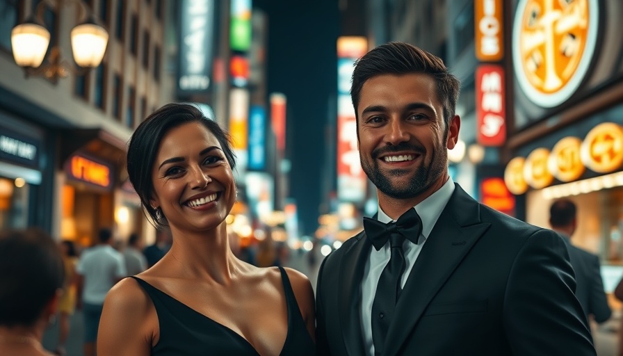 Evening city scene with a smiling couple on a vibrant street.
