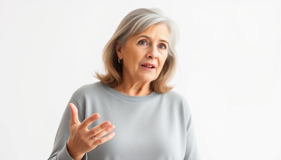 Woman explaining symptoms of sunscreen allergy, informational setup.