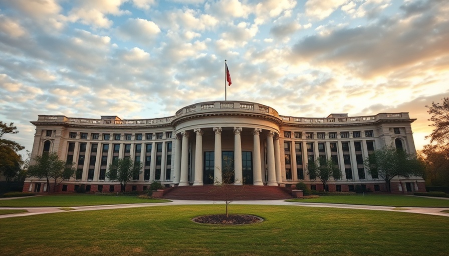 Curved government building with courtyard under cloudy sky