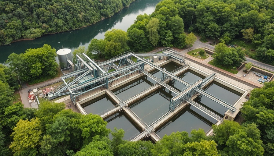 Aerial view of a water treatment facility by a river, highlighting North Carolina water quality regulation.
