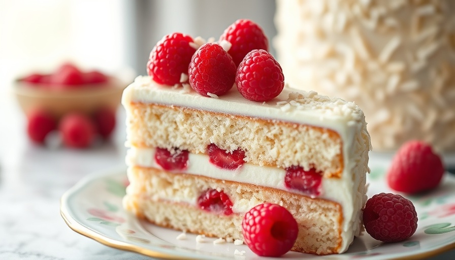 Coconut Layer Cake slice with fresh raspberries, close-up view.
