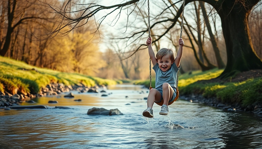 Young child swinging over stream embracing change in family life.