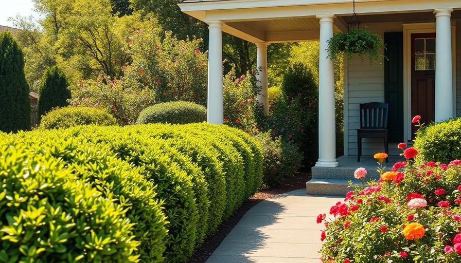 Lush garden with deer-resistant boxwood shrubs beside a porch.